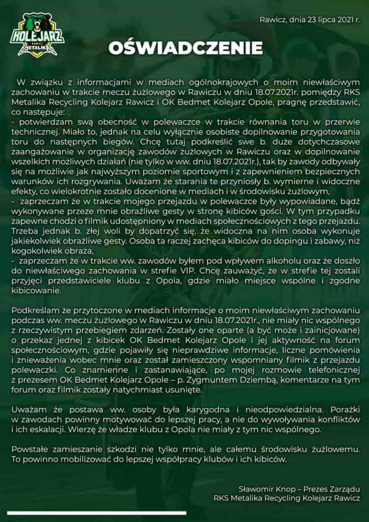 Oświadczenie prezesa Metaliki Recycling Kolejarz Rawicz. 1 oswiadczenie