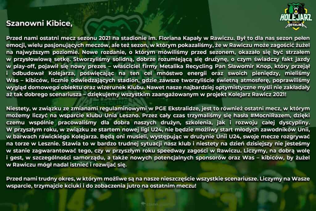 Niepewna przyszłość żużla w Rawiczu! Jest komunikat klubu! 1 241670697 4356196334435218 2757820449180946003 n