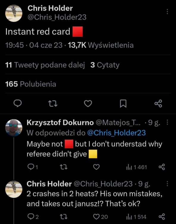 Chris Holder poirytowany polskimi juniorami i sędziowaniem 2 345314845 796134535404169 7005002859256970211 n