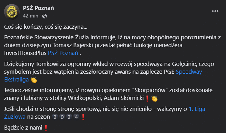 Żużel. Sensacyjna zmiana na stanowisku menedżera PSŻ Poznań 1 obraz 2023 06 13 133345584