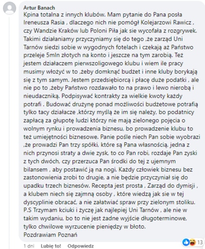 Żużel. Wiceprezes PSŻ Poznań komentuje sytuację Unii Tarnów -"podatnicy zapłacą za głupotę ludzi" 1