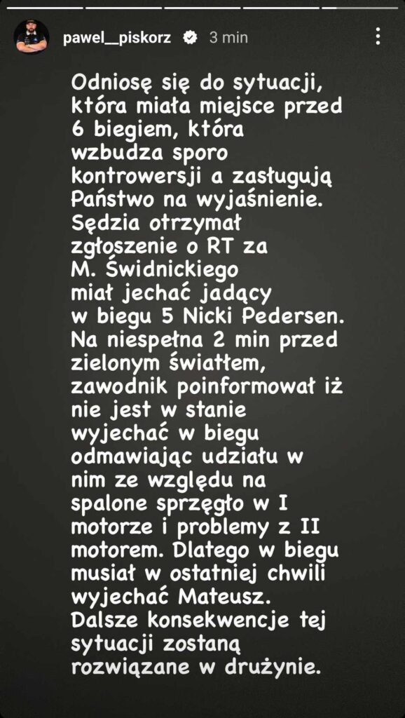 Piskorz wyjaśnił powody cofniętej zmiany. Nicki Pedersen odmówił jazdy 1 447568553 429974516507831 1987446845288884530 n
